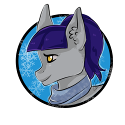 Size: 500x500 | Tagged: safe, artist:stardust, oc, oc only, oc:fruity blossom, earth pony, pony, bust, clothes, portrait, scarf, simple background, snow, snowflake, solo, transparent background