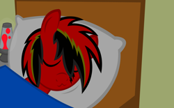 Size: 1024x633 | Tagged: safe, artist:redthunder016, oc, oc only, pony, bed, blanket, cute, eyes closed, lava lamp, pillow, red and black oc, sleeping, smiling, solo