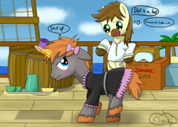 Size: 2800x2000 | Tagged: safe, artist:cloudy95, oc, oc only, oc:ardent shield, oc:calpain, earth pony, pony, unicorn, barrel, clothes, crossdressing, goggles, high res, magic, maid, male, ocean, ship, stallion, tray