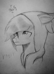 Size: 759x1024 | Tagged: safe, artist:xxfrostflashxx, derpibooru import, oc, oc:vigil, clothes, hoodie, looking up, male, sad, scar, stallion, traditional art