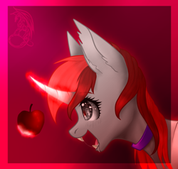 Size: 714x679 | Tagged: safe, artist:kassandravuds, derpibooru import, oc, oc only, oc:zenatura, pony, unicorn, apple, commission, digital art, ear fluff, female, food, glowing horn, gradient background, magic, mare, red hair, red mane, signature, solo, telekinesis, ych result