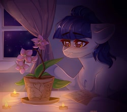 Size: 1687x1487 | Tagged: safe, artist:crybaby, oc, oc only, oc:fruity blossom, blushing, candle, candlelight, curtains, dark, flower, flower pot, heart eyes, night, notes, sitting, solo, stars, window, wingding eyes