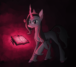 Size: 3200x2800 | Tagged: safe, artist:sinniepony, oleander, classical unicorn, unicorn, them's fightin' herds, black mane, blue eyes, book, community related, dark magic, dark magician girl, demonology, female, magic, magic book, solo, unshorn fetlocks