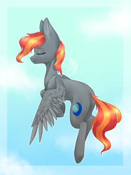 Size: 808x1080 | Tagged: safe, artist:kassandravuds, derpibooru import, oc, oc only, pegasus, pony, commission, digital art, eyes closed, female, flying, mare, multicolored hair, multicolored mane, multicolored tail, sky, solo, spread wings, wings, ych result