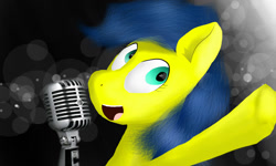 Size: 1280x768 | Tagged: safe, derpibooru import, oc, oc:color palette grape, earth pony, pony, aquamarine eyes, blue mane, gradient background, looking up, microphone, singing, smiling, solo, yellow coat