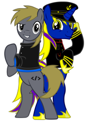 Size: 2136x2972 | Tagged: safe, artist:darkgloones, derpibooru import, oc, oc only, oc:darkgloones, oc:fifodevil, earth pony, pony, unicorn, 2019 community collab, clothes, costume, derpibooru community collaboration, hat, male, sailor uniform, simple background, stallion, transparent background, uniform