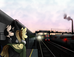 Size: 3000x2300 | Tagged: safe, artist:serodart, artist:subway777, oc, oc only, pegasus, pony, unicorn, collaboration, city, cityscape, clothes, coat, dawn, duo, factory, female, male, mare, metro, moscow, ponytail, railroad, smokestack, stallion, standing, subway, train