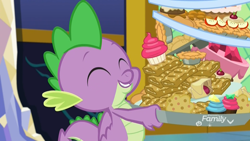 Size: 1920x1080 | Tagged: safe, derpibooru import, screencap, spike, dragon, father knows beast, apple slice, baked goods, cake, carrying, cupcake, discovery family logo, eyes closed, food, gem, happy, male, muffin, pie, smiling, strudel, winged spike