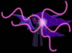 Size: 1000x740 | Tagged: safe, artist:prism note, oc, oc only, oc:midnight symphony, oc:nightmare melody, bat pony, pony, black background, darkness, female, flowing mane, glow, lidded eyes, looking at you, magic, mare, simple background, smiling, smirk, solo, sparkles, spread wings, wings