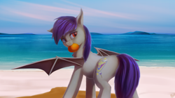 Size: 2560x1440 | Tagged: safe, artist:quvr, derpibooru import, oc, oc:sonar amethyst, bat pony, bat pony oc, beach, food, heterochromia, mango, solo