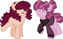 Size: 1205x754 | Tagged: safe, artist:zestle, oc, oc only, earth pony, pony, ^u^, clothes, duo, eyes closed, female, headband, mare, offspring, parent:cheese sandwich, parent:pinkie pie, parents:cheesepie, sisters, sweater