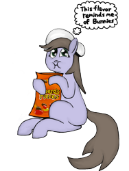 Size: 960x1280 | Tagged: safe, artist:volframijoma, oc, oc only, oc:emily, reese's pieces, simple background, sitting, solo, stardew valley, thought bubble, transparent background