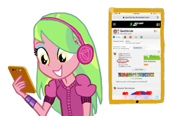 Size: 1066x720 | Tagged: safe, artist:gouhlsrule, lemon zest, equestria girls, alternate hairstyle, cellphone, deviantart, headphones, phone, simple background, smartphone, transparent background