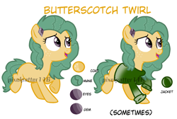 Size: 2353x1584 | Tagged: safe, artist:pixelpatter116, oc, oc only, oc:butterscotch twirl, earth pony, pony, clothes, color palette, female, hairclip, mare, offspring, parent:snails, parent:twist, parents:snailstwist, shirt, solo, watermark