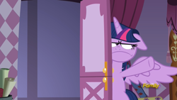 Size: 1920x1080 | Tagged: safe, screencap, twilight sparkle, twilight sparkle (alicorn), alicorn, pony, fame and misfortune, carousel boutique, faic, flattened, floppy ears, frown, solo, squished, twilight is not amused, unamused