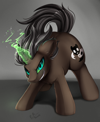 Size: 2300x2800 | Tagged: safe, artist:pridark, derpibooru import, oc, oc only, oc:saffron, pony, unicorn, commission, dark magic, disguise, disguised changeling, evil, green eyes, high res, magic, solo