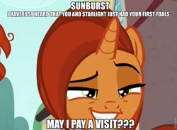 Size: 772x566 | Tagged: safe, derpibooru import, edit, edited screencap, screencap, stellar flare, sunburst, the parent map, image macro, implied offspring, implied shipping, implied starburst, implied starlight glimmer, implied straight, meme, mothers gonna mother, oh no, stellarsmug, that pony sure does want grandfoals, this will end in a family visit, this will end in tears