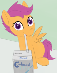 Size: 1259x1601 | Tagged: safe, artist:anonymous, derpibooru import, scootaloo, /mlp/, 4chan, colored, cute, cutealoo, drawthread, drinking, drinking straw, drinking through a straw, milk, milk carton, ponified animal photo, simple background, solo, straw