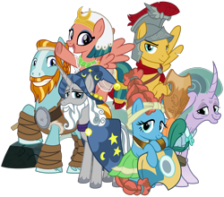 Size: 4100x3600 | Tagged: safe, artist:cheezedoodle96, flash magnus, meadowbrook, mistmane, rockhoof, somnambula, star swirl the bearded, earth pony, pegasus, pony, unicorn, shadow play, .svg available, female, glowpaz, group shot, healer's mask, helmet, looking at you, male, mare, mask, netitus, pillars of equestria, rockhoof's shovel, shield, simple background, smiling, stallion, svg, transparent background, vector