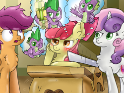 Size: 1533x1150 | Tagged: safe, artist:bigsmile, derpibooru import, apple bloom, scootaloo, spike, sweetie belle, dragon, blushing, cutie mark crusaders, female, heart eyes, male, shipping, spikebloom, straight, wingding eyes