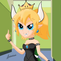 Size: 1080x1080 | Tagged: safe, artist:archooves, derpibooru exclusive, derpibooru import, human, equestria girls, bowser, bowsette, clothes, costume, crossover, crown, equestria girls-ified, female, fuck you, jewelry, middle finger, nintendo, regalia, rule 63, super crown, vulgar