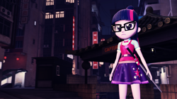 Size: 1920x1080 | Tagged: safe, artist:razethebeast, sci-twi, twilight sparkle, equestria girls, 3d, city, clothes, glasses, solo, source filmmaker, sword, weapon