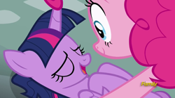Size: 1280x720 | Tagged: safe, screencap, pinkie pie, twilight sparkle, twilight sparkle (alicorn), alicorn, earth pony, pony, fame and misfortune, eyes closed, female, mare, out of context