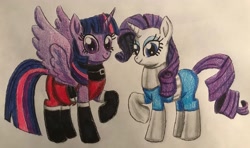 Size: 3504x2074 | Tagged: safe, artist:bozzerkazooers, derpibooru import, rarity, twilight sparkle, twilight sparkle (alicorn), alicorn, pony, unicorn, clothes, cosplay, costume, traditional art