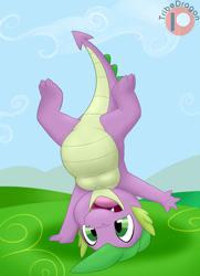 Size: 800x1104 | Tagged: safe, artist:charmandrigo, derpibooru import, edit, spike, dragon, belly, cute, male, solo, upside down