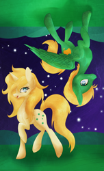 Size: 800x1318 | Tagged: safe, artist:cindrytuna, oc, oc only, pegasus, pony, unicorn, upside down