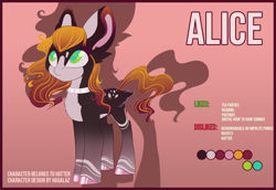 Size: 1454x1000 | Tagged: safe, artist:hagallaz, derpibooru import, oc, oc only, oc:alice, big ears, choker, cutie mark, ear fluff, green eyes, non-pony oc, reference sheet, shadow, simple background