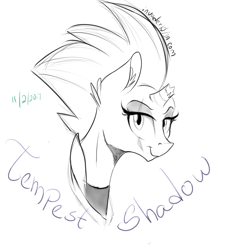 Size: 1024x1024 | Tagged: safe, artist:invaderkj, derpibooru import, tempest shadow, pony, unicorn, broken horn, bust, eye scar, female, horn, mare, monochrome, scar, sketch, smiling, solo