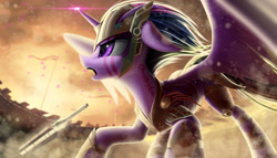 Size: 1983x1133 | Tagged: safe, artist:zigword, twilight sparkle, twilight sparkle (alicorn), alicorn, pony, armor, badass, female, mare, open mouth, solo, sword, thor, thor: ragnarok, warrior twilight sparkle, weapon