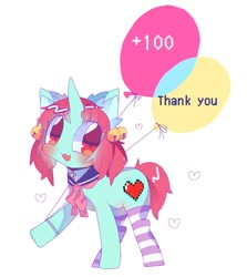 Size: 768x862 | Tagged: safe, artist:lavender_1227, derpibooru import, oc, oc only, pony, unicorn, :3, balloon, bells, clothes, ear fluff, simple background, socks, striped socks, white background