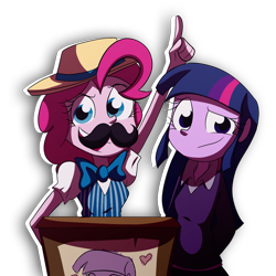 Size: 1500x1500 | Tagged: safe, artist:fj-c, pinkie pie, twilight sparkle, equestria girls, trade ya, bowtie, clothes, cute, duo, equestria girls interpretation, fake moustache, hat, scene interpretation, simple background, skirt, sweater, transparent background