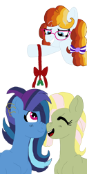 Size: 1594x3161 | Tagged: safe, artist:positivest, oc, oc only, oc:candy swirl, oc:prehnite, oc:spectral rush, earth pony, pegasus, pony, ear piercing, earring, eyes closed, female, glasses, holly, holly mistaken for mistletoe, jewelry, lesbian, mistleholly, next generation, oc x oc, offspring, offspring shipping, parent:cheese sandwich, parent:limestone pie, parent:pinkie pie, parent:rainbow dash, parent:soarin', parent:zephyr breeze, parents:cheesepie, parents:soarindash, parents:zephyrstone, piercing, shipping, simple background, transparent background