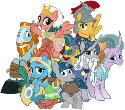 Size: 4100x3600 | Tagged: safe, artist:cheezedoodle96, flash magnus, meadowbrook, mistmane, rockhoof, somnambula, star swirl the bearded, stygian, earth pony, pegasus, pony, unicorn, shadow play, .svg available, female, glowpaz, group shot, healer's mask, looking at you, male, mare, mask, netitus, pillars of equestria, rockhoof's shovel, shield, simple background, smiling, stallion, svg, transparent background, vector