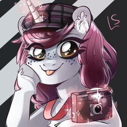 Size: 3000x3000 | Tagged: safe, artist:lavendersweet69, oc, oc only, oc:pairing, pony, unicorn, camera, female, freckles, glowing horn, hat, looking at you, mare, smiling, solo, tongue out