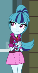 Size: 372x714 | Tagged: safe, derpibooru import, screencap, sonata dusk, equestria girls, rainbow rocks, clothes, cute, female, gem, miniskirt, ponytail, siren gem, skirt, smiling, solo, sonatabetes, spiked wristband, wristband