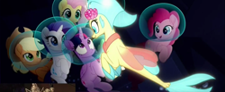 Size: 1441x596 | Tagged: safe, screencap, applejack, fluttershy, pinkie pie, princess skystar, rarity, spike, twilight sparkle, twilight sparkle (alicorn), alicorn, dragon, pony, seapony (g4), my little pony: the movie, bubble helmet, bubble on head, cropped