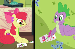 Size: 768x500 | Tagged: safe, apple bloom, spike, dragon, drawing, female, male, paint, shipping, spikebloom, straight