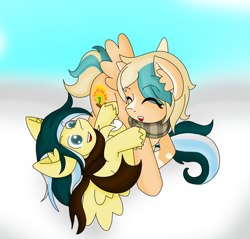 Size: 942x900 | Tagged: safe, artist:taletrotter, oc, oc only, oc:bottle rocket, oc:sun light, pegasus, pony, bandana, child, clothes, cloud, cute, female, filly, fluffy, horseshoes, shirt, splotches