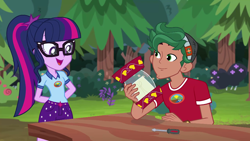 Size: 1280x720 | Tagged: safe, derpibooru import, screencap, sci-twi, timber spruce, twilight sparkle, equestria girls, legend of everfree, arm behind back, camp everfree outfits, clothes, female, forest, glasses, lamp, male, ponytail, shorts, smiling