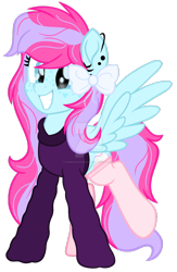 Size: 1024x1567 | Tagged: safe, artist:bezziie, oc, oc only, oc:strawberry pie, pegasus, pony, bow, clothes, female, hair bow, happy, mare, socks, solo, style emulation, watermark