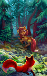 Size: 2362x3816 | Tagged: safe, artist:holivi, oc, oc only, fox, pegasus, pony, female, forest, fox tail, high res, looking back, mare, pine tree, red fox, smiling, tree