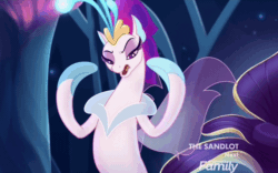 Size: 640x400 | Tagged: safe, screencap, queen novo, seapony (g4), my little pony: the movie, animated, bubble, cropped, crown, discovery family logo, don't mind me, eyes closed, female, fins, gif, jewelry, logo, queen, regalia, solo, throne, underwater, water, wings