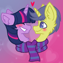 Size: 316x317 | Tagged: safe, artist:adelemlp, comet tail, twilight sparkle, blushing, clothes, cometlight, female, heart, male, scarf, shared clothing, shipping, straight