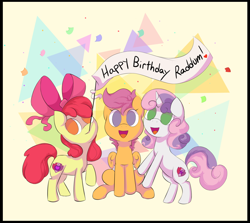 Size: 1500x1335 | Tagged: safe, artist:friendlyraccoon, apple bloom, scootaloo, sweetie belle, earth pony, pegasus, pony, unicorn, banner, cutie mark crusaders, female, filly, happy birthday, looking at you, mouth hold, sitting, trio