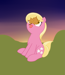 Size: 1037x1190 | Tagged: safe, artist:neuro, lily, lily valley, earth pony, pony, cute, female, leaf, mare, mlem, silly, silly pony, sitting, solo, sunset, tongue out