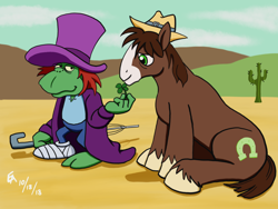 Size: 1024x768 | Tagged: safe, artist:mayorlight, derpibooru import, trouble shoes, earth pony, pony, g1, 35th anniversary, cactus, clothes, clover, digital art, four leaf clover, hat, male, sitting, stallion, top hat, umbrella, woe begone, woebegone